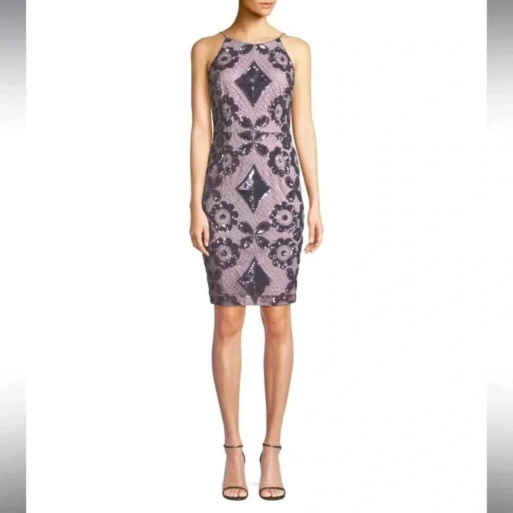 Aidan Mattox Spaghetti Strap Boat Neck Zipper Back Sequin Embellished Mesh Dress